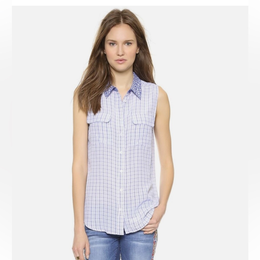 Equipment Blue and White Sleeveless Top